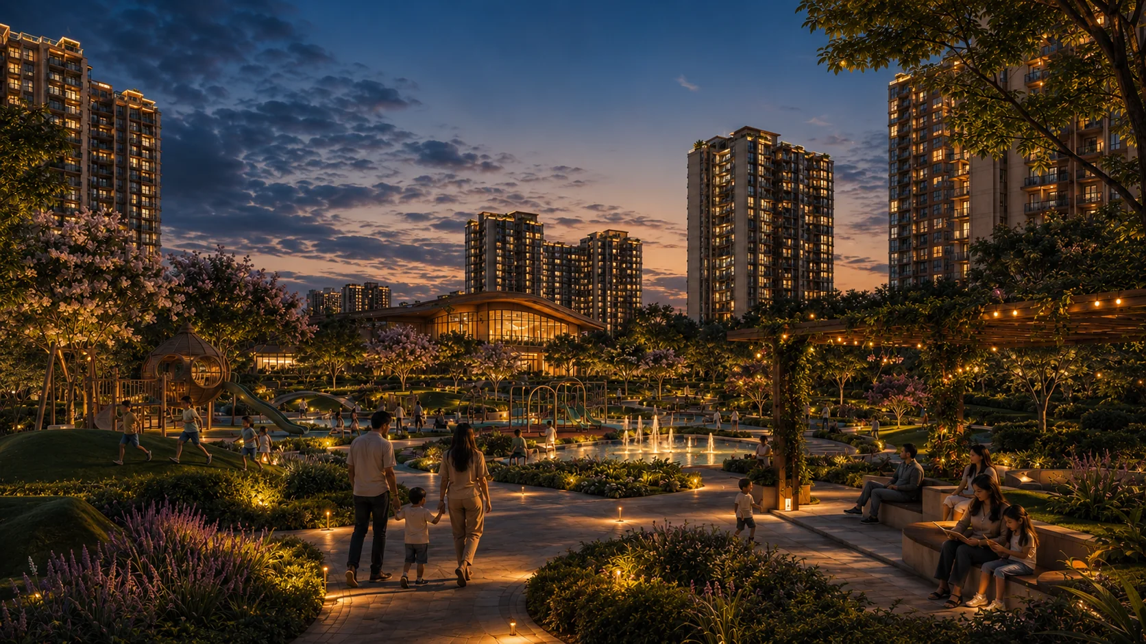 Confluence Garden illuminated at dusk