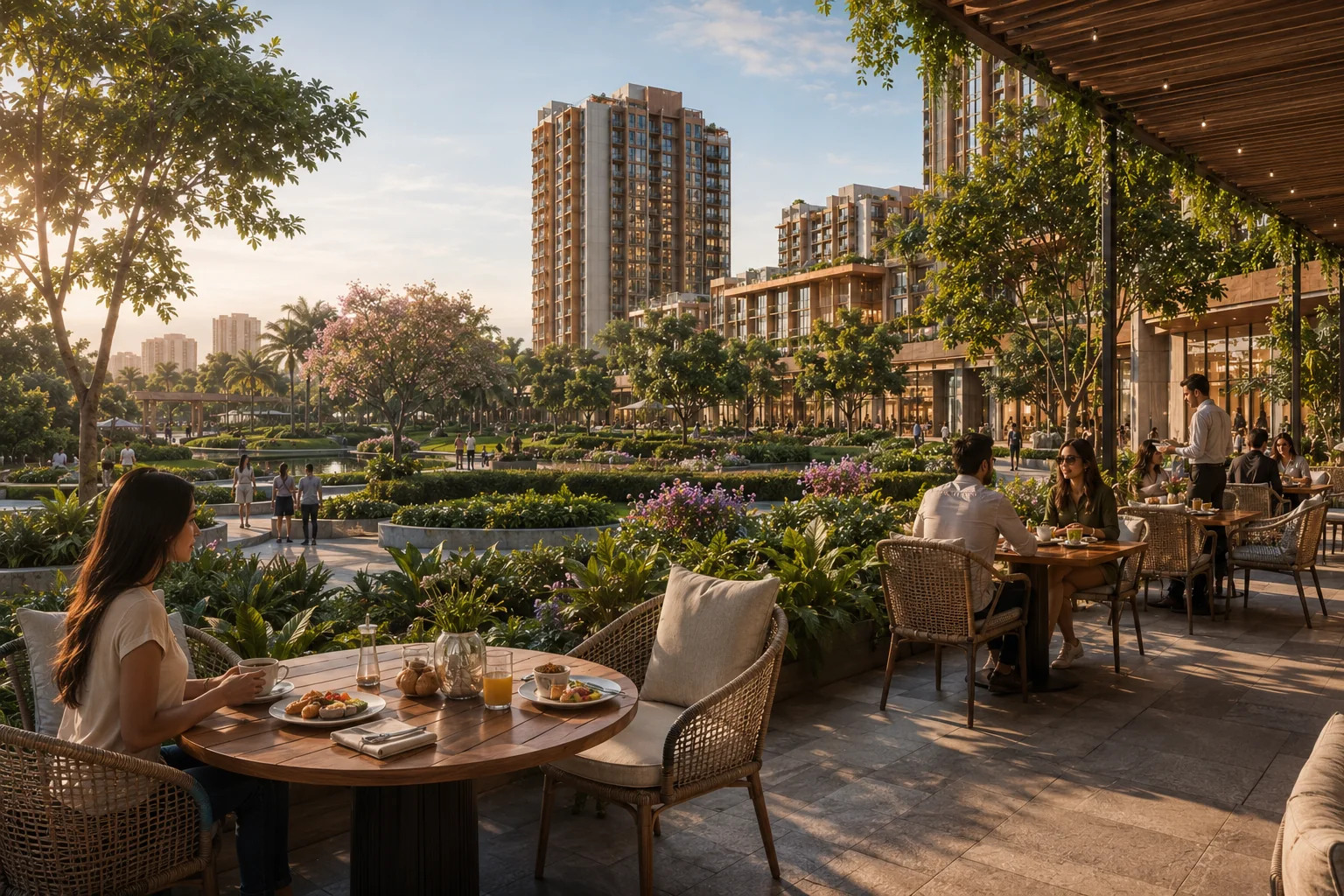 Garden cafe terrace overlooking landscaped public realm