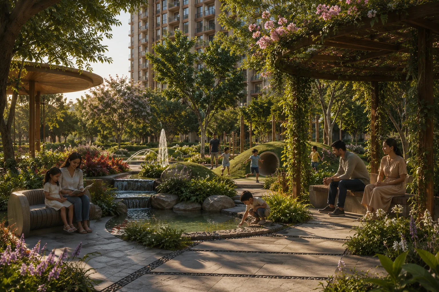 Family garden with water features, shaded seating and play spaces