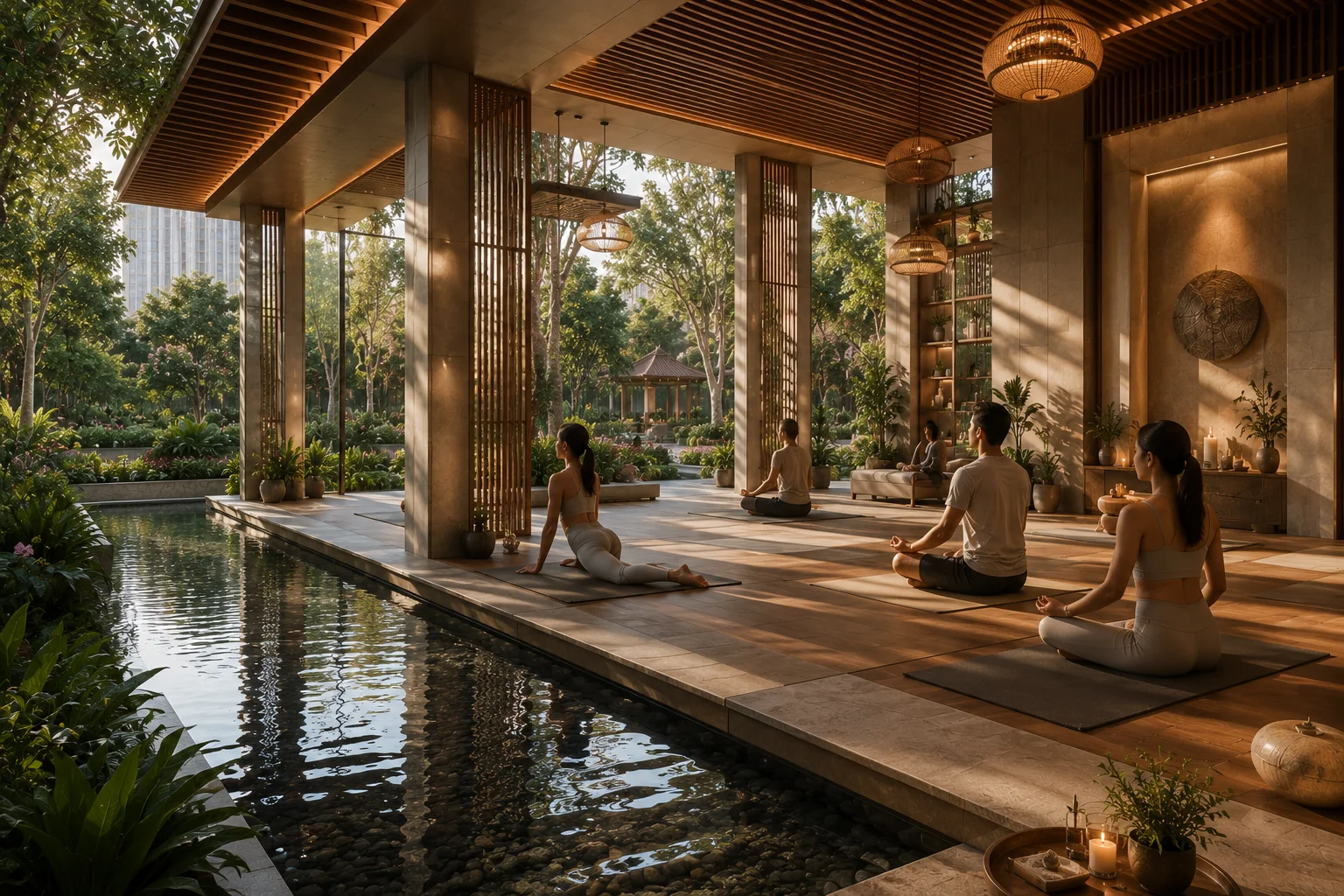 Indoor outdoor wellness and yoga pavilion beside a reflecting pool